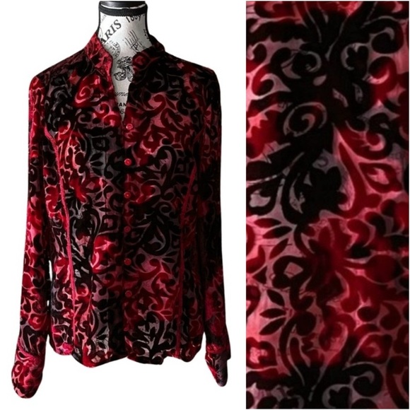 Vintage Black & Red Burnout Velvet Blouse — 90s Gothic Glam, Size M - Picture 1 of 4